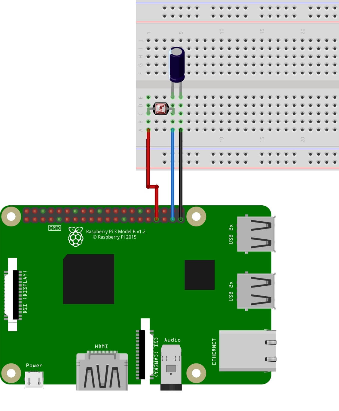 Raspberry Pi Versuchsaufbau mir Steckplatine und LDR Fototwiderstand